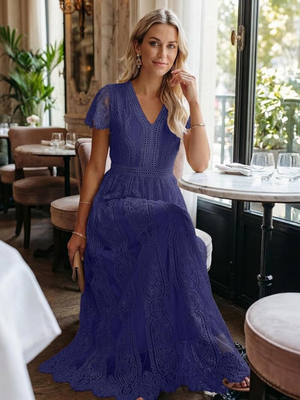 Floral Lace V Neck Short Sleeve A-Line Maxi Dress | Boho Wedding & Bridesmaid - Picture 7 of 8